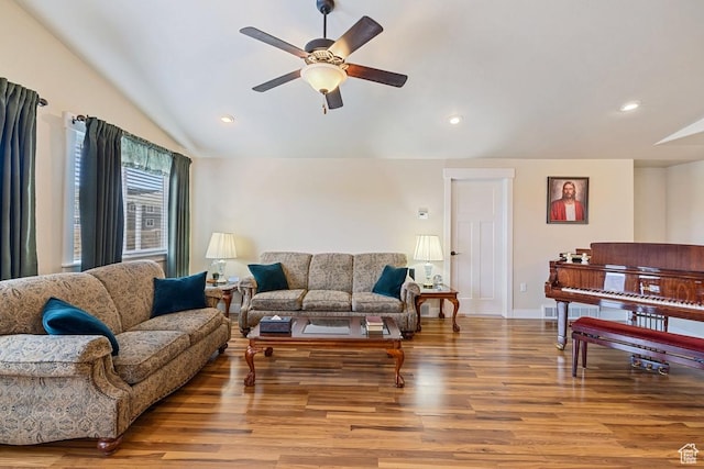 1234 S 1150 W, Payson, UT 84651 - living area featuring wood finished floors, vaulted ceiling, a ceiling fan, recessed lighting, and baseboards