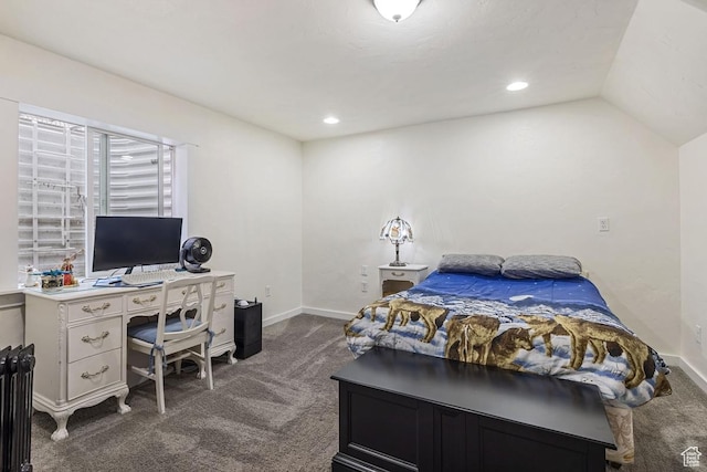 1234 S 1150 W, Payson, UT 84651 - bedroom featuring dark colored carpet, an office area, baseboards, lofted ceiling, and recessed lighting