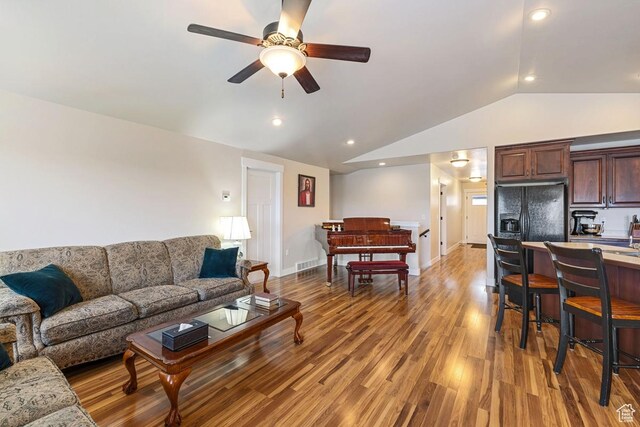 1234 S 1150 W, Payson, UT 84651 - living room featuring vaulted ceiling, a ceiling fan, light wood-style floors, baseboards, and recessed lighting