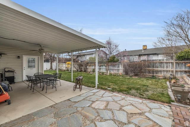 945 E Diana Way, Sandy, UT 84094 - view of patio / terrace featuring outdoor dining space, a fenced backyard, and a ceiling fan