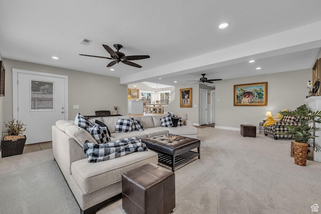 945 E Diana Way, Sandy, UT 84094 - living room featuring ceiling fan with notable chandelier, light colored carpet, visible vents, and recessed lighting