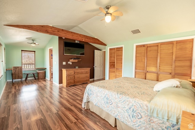 69 E Coronado Ln, Moab, UT 84532 - bedroom with baseboards, two closets, visible vents, lofted ceiling, and wood finished floors