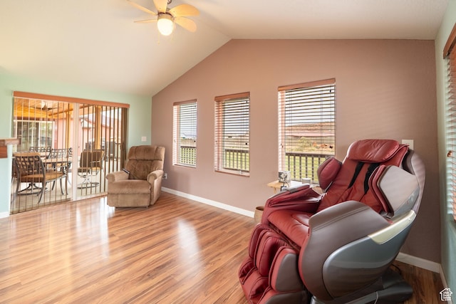69 E Coronado Ln, Moab, UT 84532 - sitting room featuring baseboards, vaulted ceiling, wood finished floors, and ceiling fan