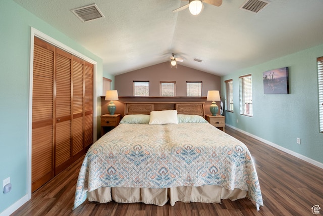 69 E Coronado Ln, Moab, UT 84532 - bedroom featuring visible vents, a closet, vaulted ceiling, and wood finished floors