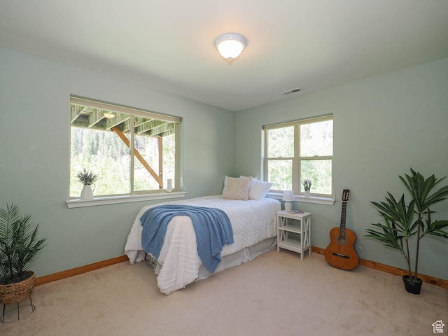 bedroom with carpet flooring, visible vents, and baseboards