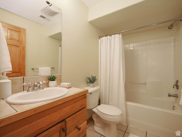 bathroom with shower / tub combo, visible vents, toilet, vanity, and tile patterned flooring