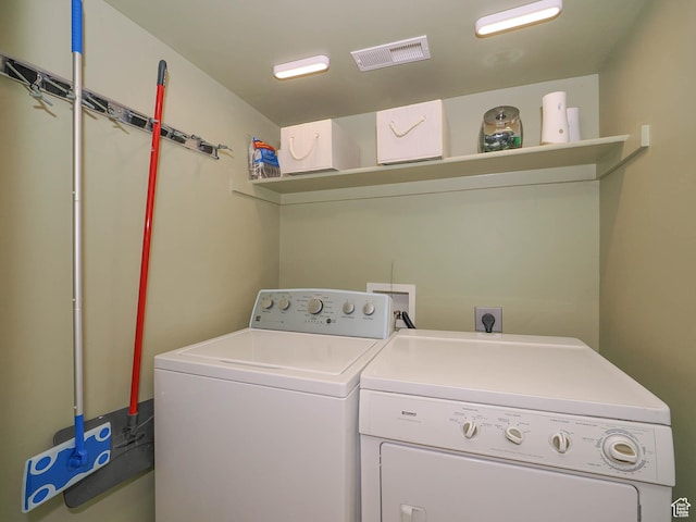 laundry room with visible vents, washer and clothes dryer, and laundry area