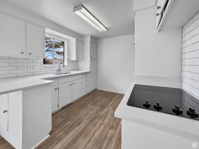 4445 S 4560 W, West Valley City, UT 84120 - kitchen with light wood-style floors, white cabinetry, light countertops, a sink, and decorative backsplash