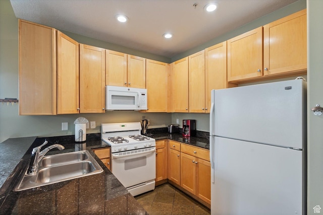 6749 N 2200 W Unit B302, Park City, UT 84098 - kitchen featuring light brown cabinets, a sink, white appliances, recessed lighting, and dark stone counters