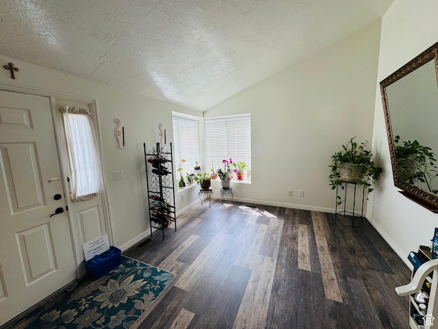 1107 E 2450 N, Layton, UT 84040 - foyer entrance featuring a textured ceiling, dark wood-style floors, vaulted ceiling, and plenty of natural light