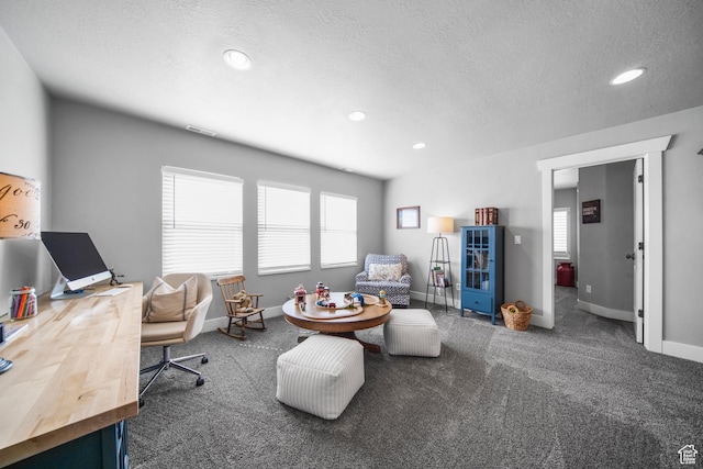 carpeted living area with baseboards, recessed lighting, and a textured ceiling