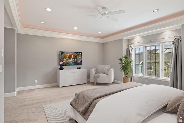 bedroom featuring recessed lighting, light colored carpet, baseboards, and crown molding