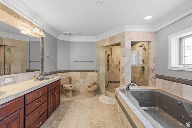 full bathroom featuring crown molding, a shower stall, a tub with jets, a sink, and tile walls