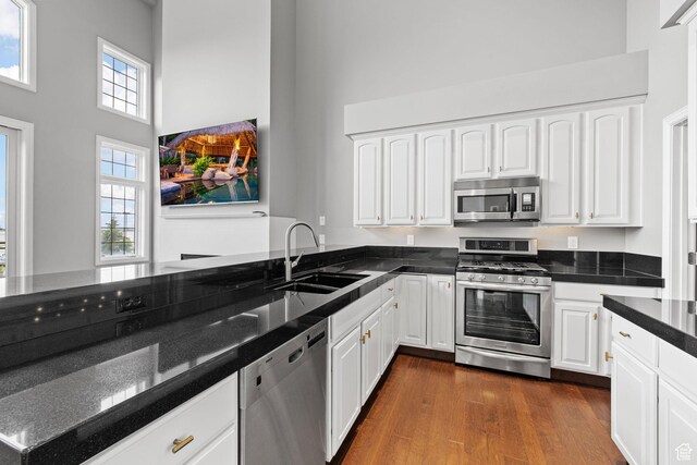 kitchen featuring a towering ceiling, white cabinets, dark wood-type flooring, appliances with stainless steel finishes, and a sink