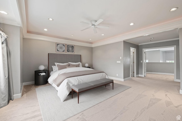 bedroom featuring light carpet, crown molding, baseboards, and recessed lighting