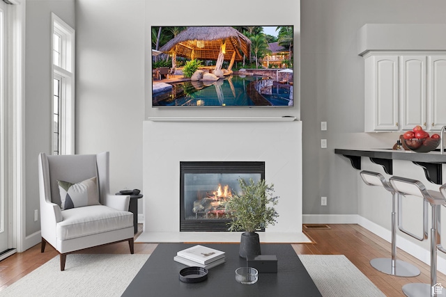 living room with a premium fireplace, wood finished floors, and baseboards