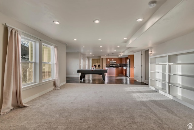 1135 Grandview Dr, Providence, UT 84332 - unfurnished living room featuring dark colored carpet, recessed lighting, and pool table