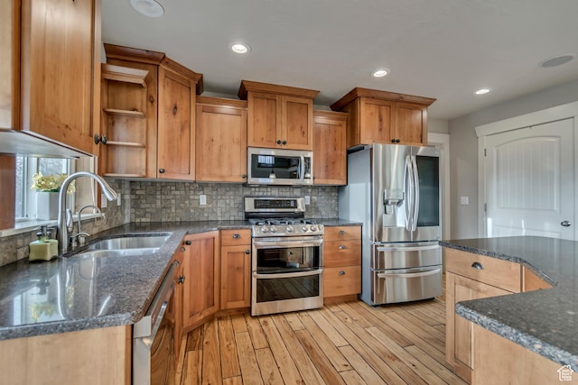 1135 Grandview Dr, Providence, UT 84332 - kitchen featuring appliances with stainless steel finishes, light wood-type flooring, open shelves, decorative backsplash, and dark stone counters
