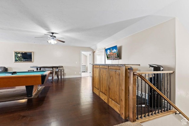 recreation room with pool table, a textured ceiling, a ceiling fan, baseboards, and dark wood-style floors