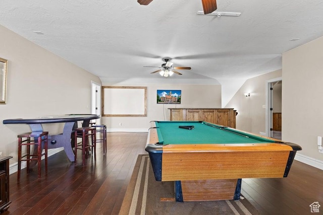 recreation room featuring pool table, dark wood-style floors, baseboards, and a ceiling fan
