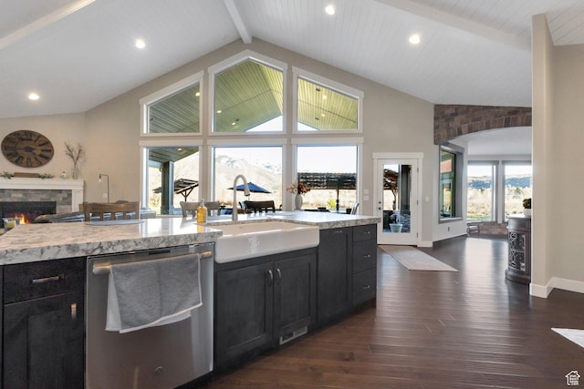 1737 E 6850 S, Uintah, UT 84405 - kitchen with a sink, dishwasher, dark cabinets, beam ceiling, and dark wood-style flooring