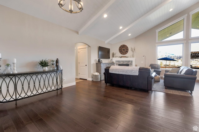 1737 E 6850 S, Uintah, UT 84405 - living area with beamed ceiling, arched walkways, dark wood-style floors, high vaulted ceiling, and recessed lighting