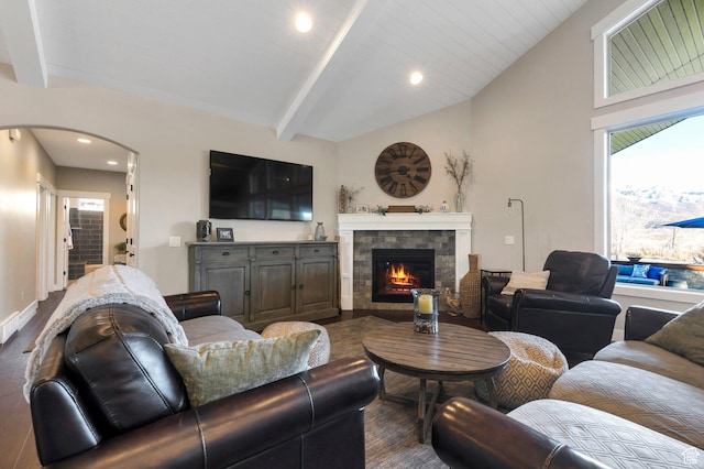 1737 E 6850 S, Uintah, UT 84405 - living room with dark wood-type flooring, arched walkways, plenty of natural light, recessed lighting, and a glass covered fireplace