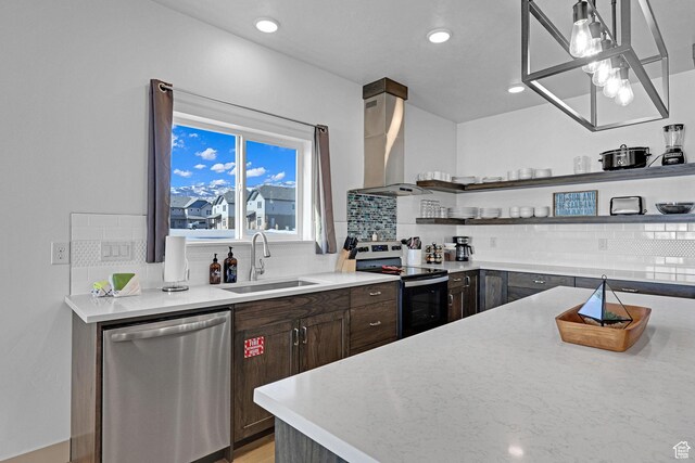 140 W 150 S Unit 22, Garden City, UT 84028 - kitchen featuring stainless steel appliances, a sink, wall chimney exhaust hood, open shelves, and dark brown cabinetry