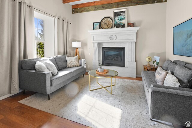 living area featuring beam ceiling, a glass covered fireplace, and wood finished floors