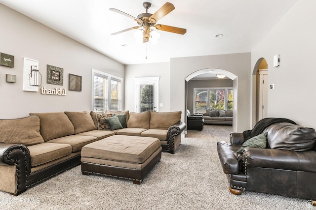 923 Ledgestone Ln, Heber City, UT 84032 - carpeted living room featuring recessed lighting, arched walkways, and a ceiling fan
