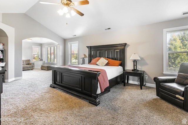 923 Ledgestone Ln, Heber City, UT 84032 - bedroom with arched walkways, visible vents, light carpet, lofted ceiling, and baseboards