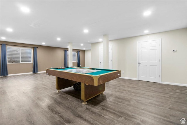 recreation room with recessed lighting, wood finished floors, pool table, and baseboards