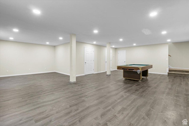 game room with recessed lighting, pool table, and wood finished floors