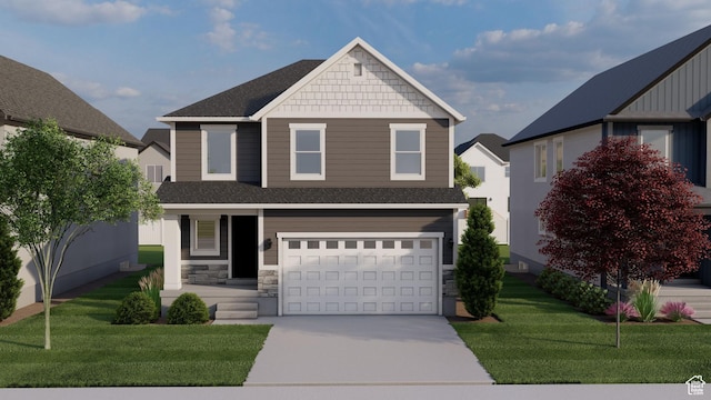 view of front of house with roof with shingles, stone siding, a front lawn, an attached garage, and driveway