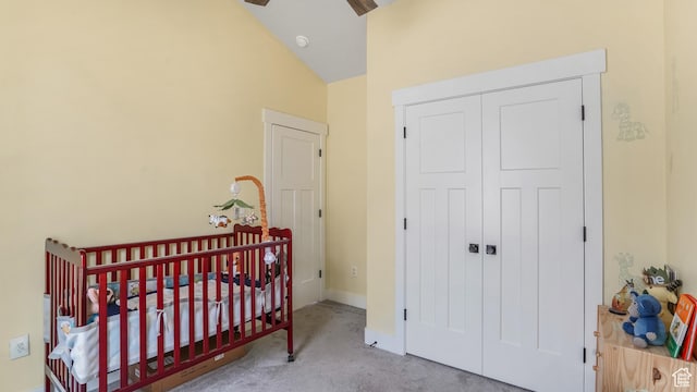 1887 N Maris St, Tooele, UT 84074 - carpeted bedroom featuring high vaulted ceiling, a nursery area, a closet, a ceiling fan, and baseboards