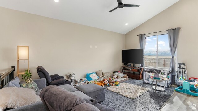 1887 N Maris St, Tooele, UT 84074 - living room featuring ceiling fan, recessed lighting, wood finished floors, and lofted ceiling