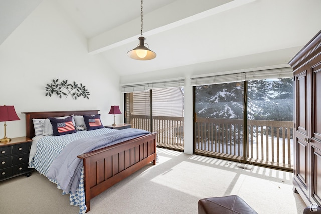 118 Davis Ct, Park City, UT 84060 - carpeted bedroom featuring multiple windows, high vaulted ceiling, access to outside, and beam ceiling