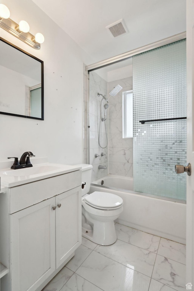full bath with vanity, visible vents,  shower combination, toilet, and marble finish floor