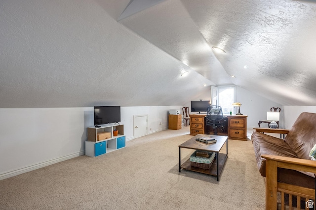 9106 N Upper Lando Ln, Park City, UT 84098 - carpeted living area featuring a textured ceiling, baseboards, and lofted ceiling