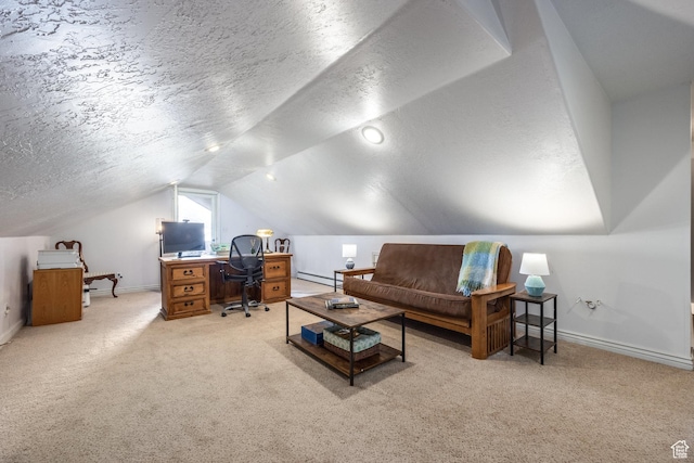 9106 N Upper Lando Ln, Park City, UT 84098 - carpeted office featuring baseboards, vaulted ceiling, a textured ceiling, and a baseboard heating unit