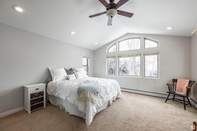 9106 N Upper Lando Ln, Park City, UT 84098 - bedroom with lofted ceiling, carpet floors, recessed lighting, a ceiling fan, and a baseboard heating unit