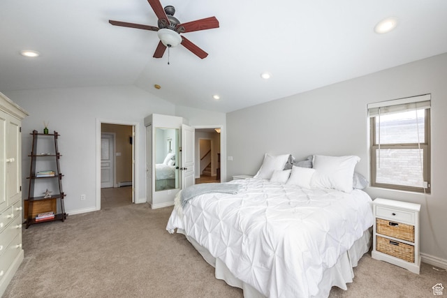 9106 N Upper Lando Ln, Park City, UT 84098 - bedroom with light colored carpet, lofted ceiling, recessed lighting, ceiling fan, and baseboards