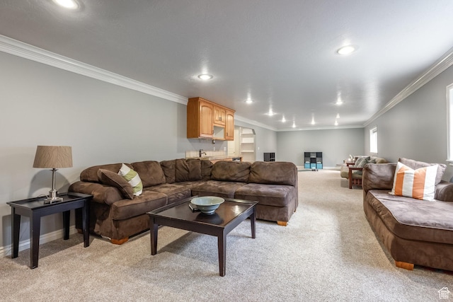 9106 N Upper Lando Ln, Park City, UT 84098 - living area with recessed lighting, ornamental molding, light colored carpet, and baseboards