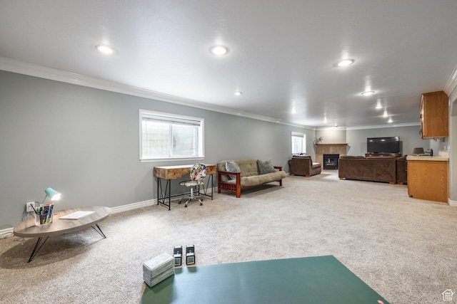 9106 N Upper Lando Ln, Park City, UT 84098 - living area featuring light colored carpet, ornamental molding, a tile fireplace, baseboards, and recessed lighting