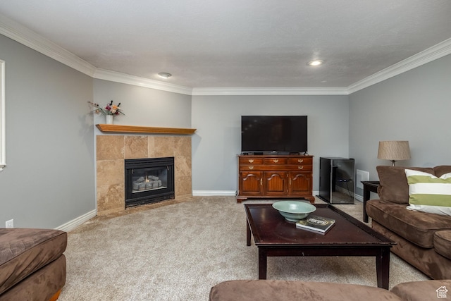 9106 N Upper Lando Ln, Park City, UT 84098 - carpeted living area featuring ornamental molding, baseboards, a fireplace, and recessed lighting