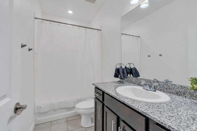6156 W Poplar View Dr, South Jordan, UT 84009 - bathroom featuring visible vents, toilet, shower / tub combo with curtain, vanity, and tile patterned flooring