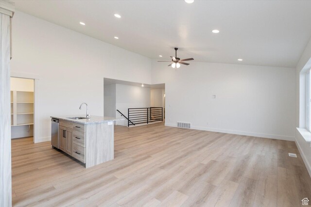 interior space featuring light wood-type flooring, a sink, a ceiling fan, and visible vents