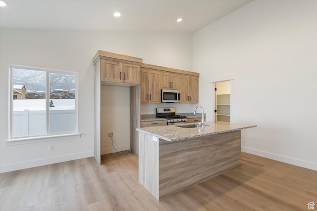 kitchen with baseboards, light stone counters, an island with sink, appliances with stainless steel finishes, and a sink