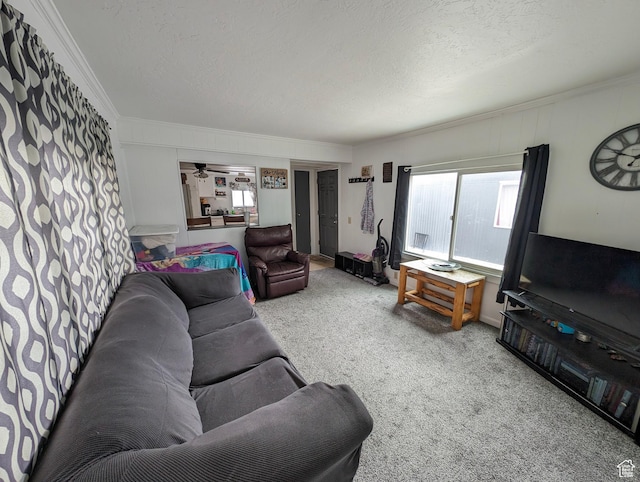 160 W 800 S, Payson, UT 84651 - carpeted living area featuring a ceiling fan, a textured ceiling, and ornamental molding