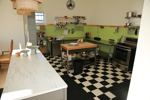 510 N Main St, Henefer, UT 84033 - kitchen with open shelves, stainless steel electric stove, fridge, and light floors